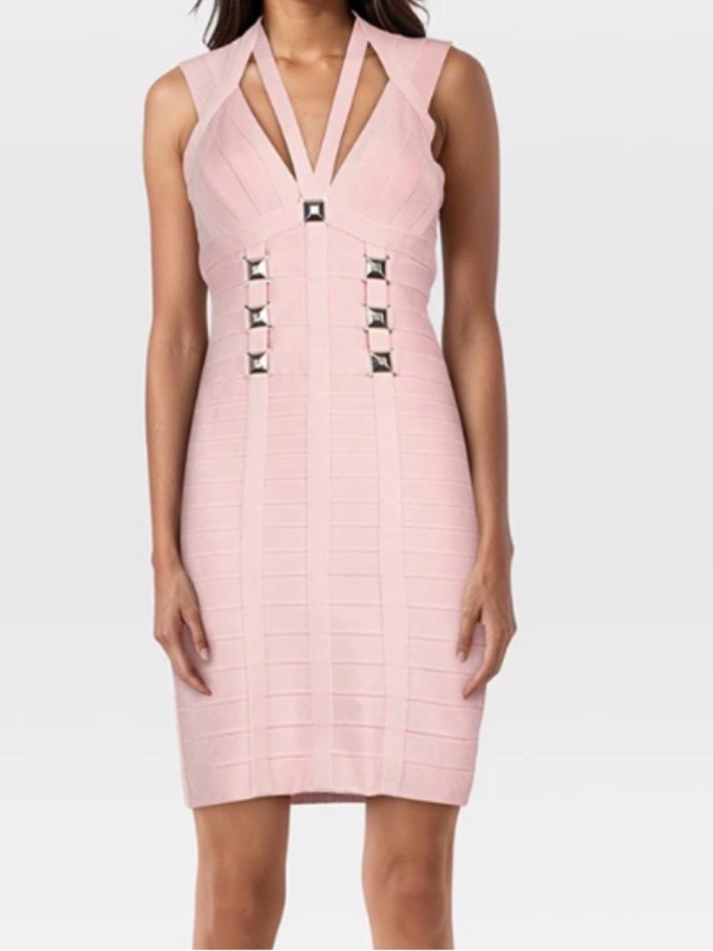 Herve Leger Pink Bandage Bodycon Dress with Decorative Hardware